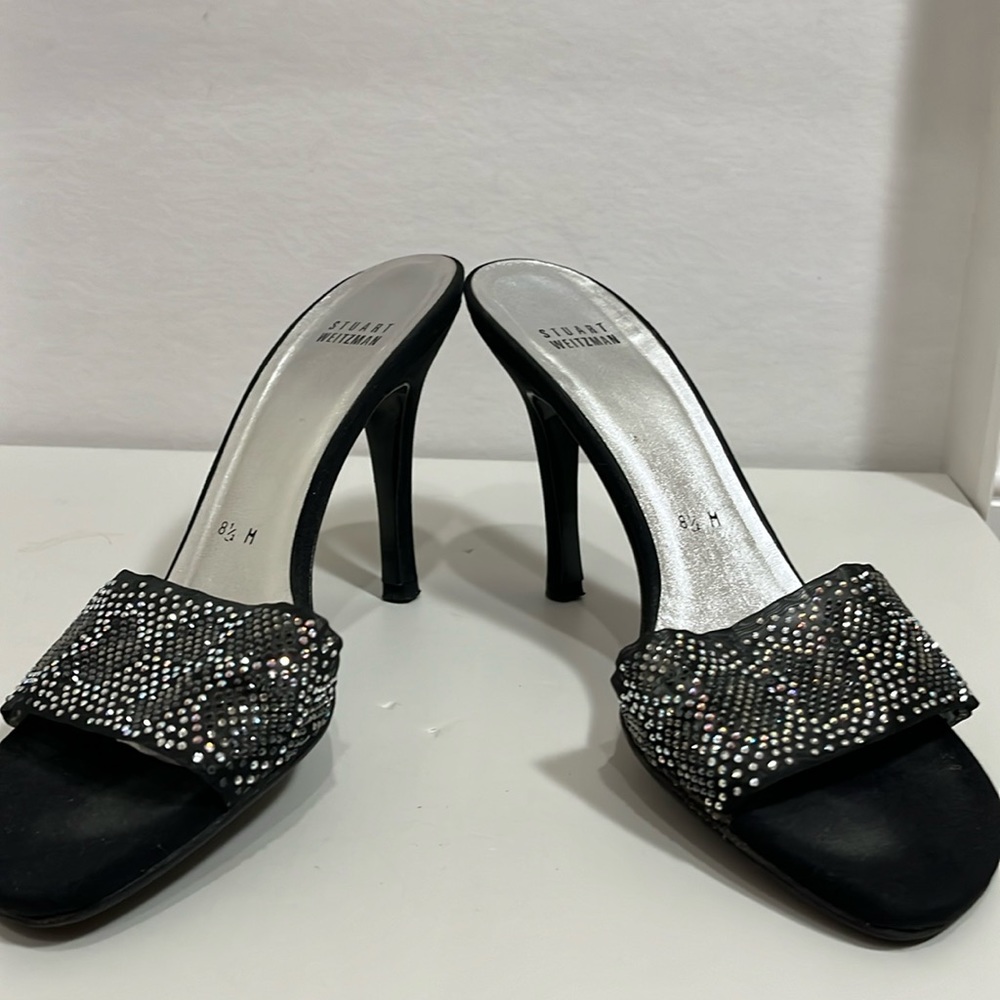 Stuart Weitzman black silk slides 4” hills